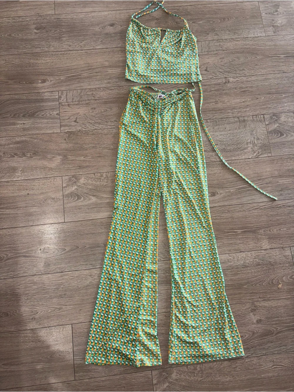 Y2K Geo Print Halter & Flare Pants Matching Set